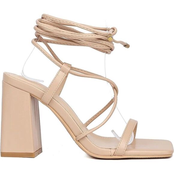 Lhamo Latso Lace Up Strappy Nude Block High Heels Square Open Toe Chunky Sandal - Picture 12 of 13